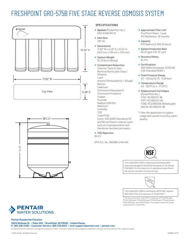 161112 | Pentair Reverse Osmosis System | Freshpoint GRO-575B