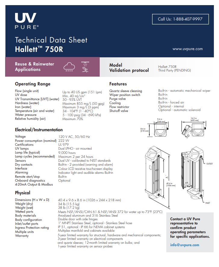 G21 | UV Pure 750R Hallett 13 GPM Ultraviolet (UV) Reuse / Rainwater Water Disinfection System