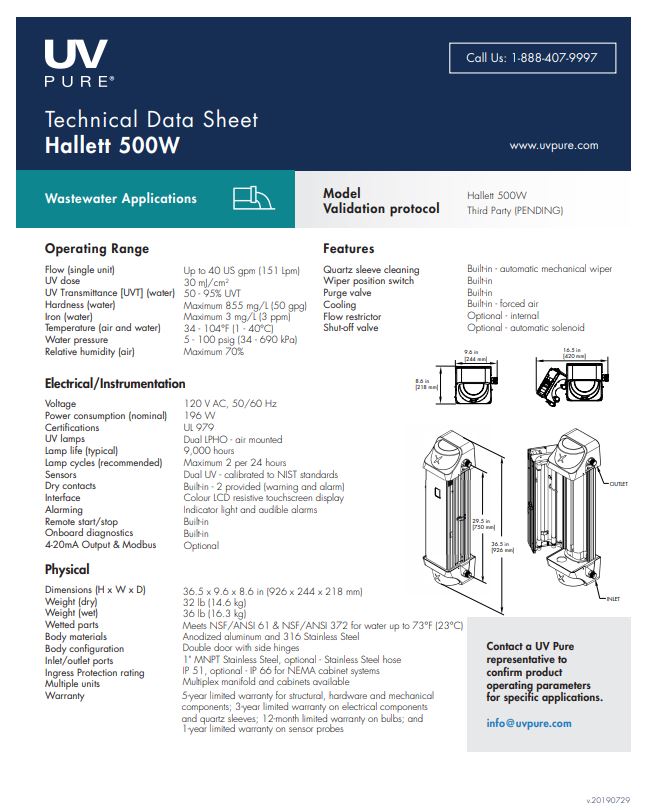 G17 | UV Pure 500W Hallett 14GPM Ultraviolet (UV) Waste Water Disinfection System