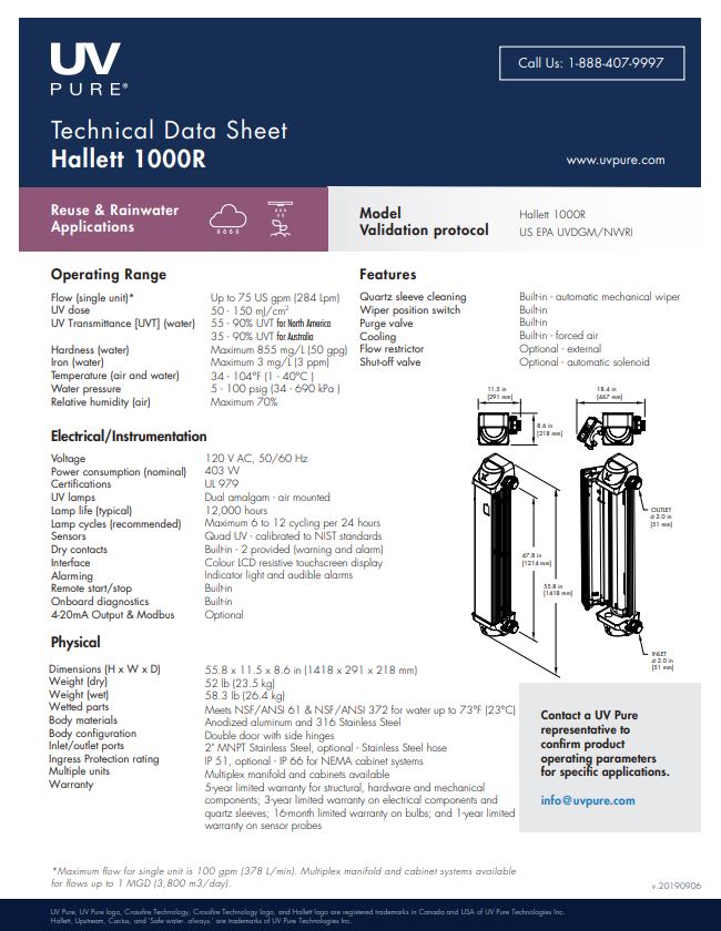G25 | UV Pure 1000R Hallett 75 GPM Ultraviolet (UV) Reuse / Rainwater Water Disinfection System