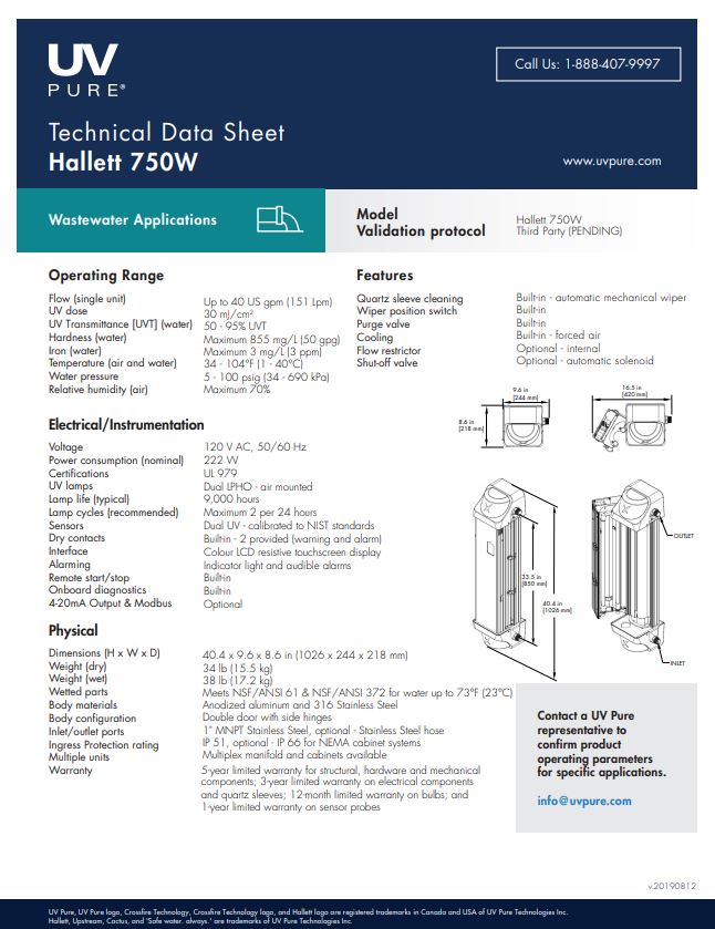 G22-420 | UV Pure 750W Hallett 40GPM Ultraviolet (UV) Waste Water Disinfection with 4-20mA & Modbus