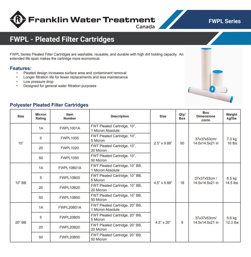 FWPL10B01A | Franklin Water Treatment Absolute 1 Micron Pleated Sediment Filter