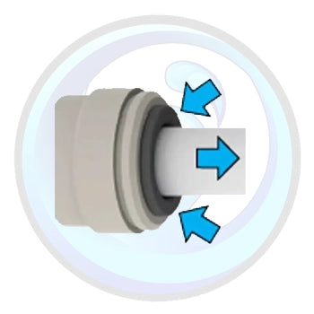 A circular diagram showing a cylindrical fitting or connector with blue arrows indicating direction or force, on a white background.