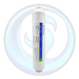A single cylindrical water filter cartridge standing upright, with a white body and a blue-and-white printed label. It is centered inside a large pale blue circular graphic background.