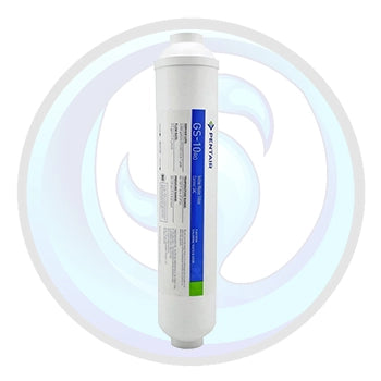 A single cylindrical water filter cartridge standing upright, with a white body and a blue-and-white printed label. It is centered inside a large pale blue circular graphic background.
